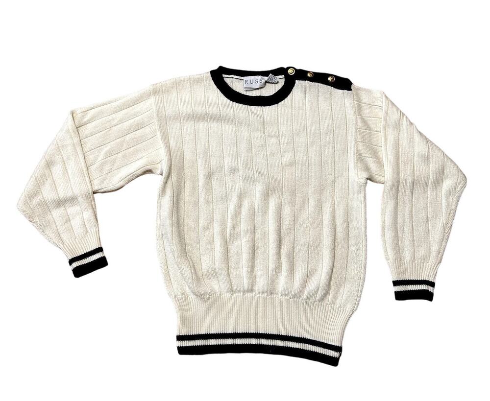 Russ Vintage Crewneck Sweater Womens Size Small Cream Navy Nautical